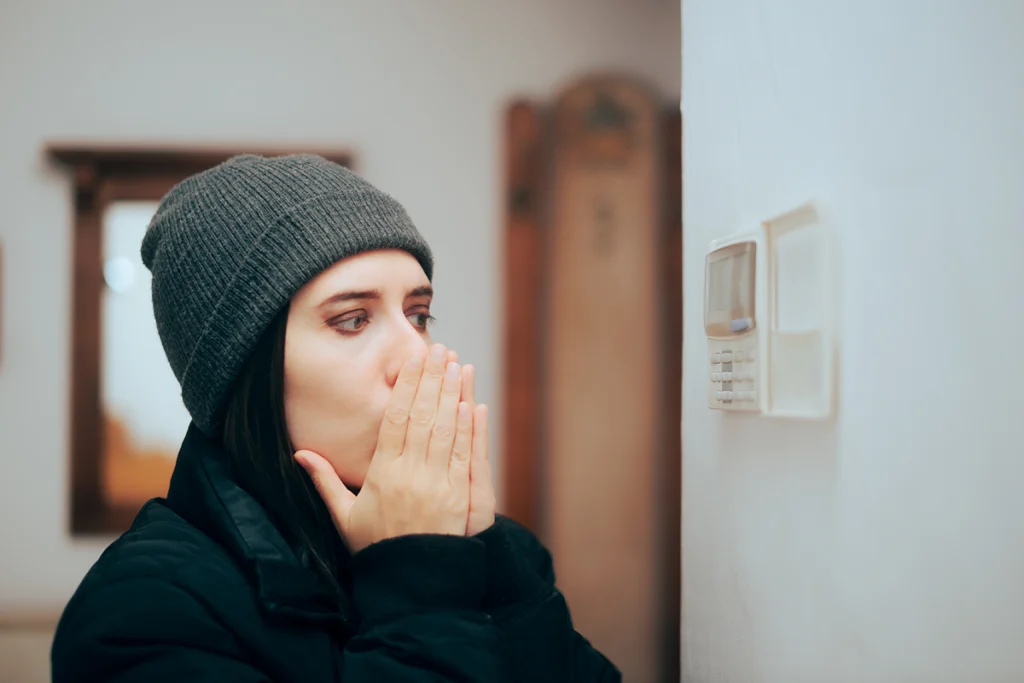 Woman wearing hat and coat indoors while standing beside a wall thermostat and looking cold. Best for blogs about heating problems, thermostat issues, no heat, and winter HVAC troubleshooting.