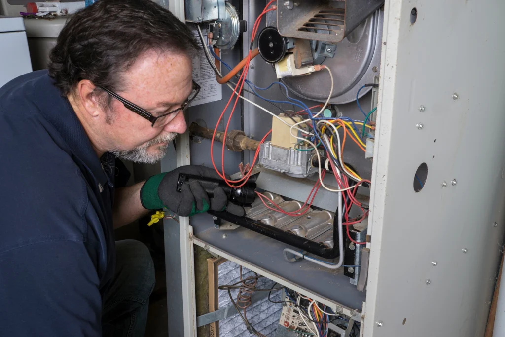 Technician inspecting internal components inside an open gas furnace cabinet during service. Best for blogs about furnace repair, furnace inspection, why your furnace isn't working, heating repair, furnace troubleshooting, and when to call for professional furnace service.